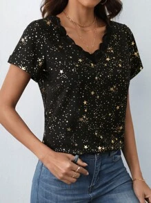SHEIN Frenchy Gold Star Print Contrast Mesh Embroidery Trim Blouse - Black - View 5