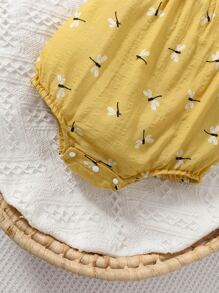 嬰兒蜻蜓印花荷葉邊前蝴蝶結連體衣和配件髮箍 - 芥末黃 - 查看 4