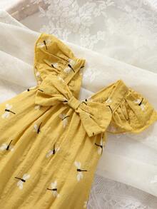 嬰兒蜻蜓印花荷葉邊前蝴蝶結連體衣和配件髮箍 - 芥末黃 - 查看 5