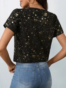 SHEIN Frenchy Gold Star Print Contrast Mesh Embroidery Trim Blouse - Black - View 6