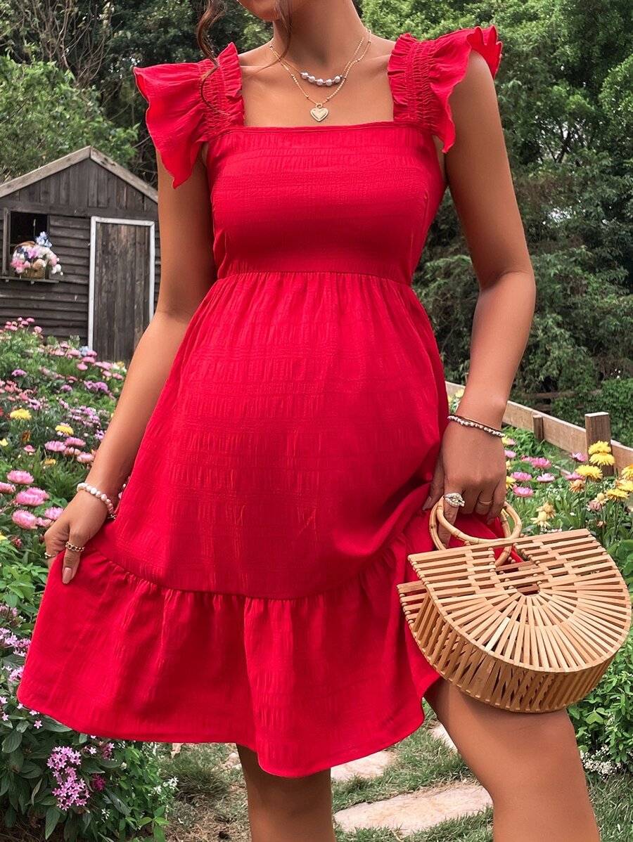 SHEIN Maternidad Vestido de cuello cuadrado ribete con fruncido bajo con fruncido - Rojo - Ver 1