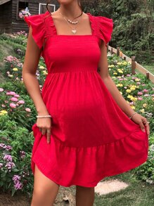 SHEIN Maternidad Vestido de cuello cuadrado ribete con fruncido bajo con fruncido - Rojo - Ver 3