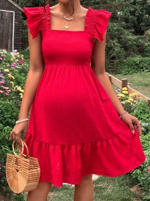 SHEIN Maternidad Vestido de cuello cuadrado ribete con fruncido bajo con fruncido - Rojo - Ver 4