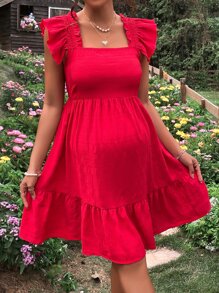 SHEIN Maternidad Vestido de cuello cuadrado ribete con fruncido bajo con fruncido - Rojo - Ver 7