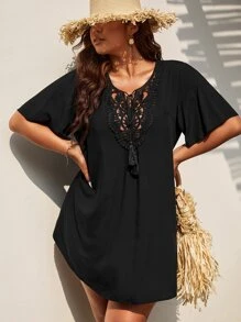 Swim Lushoire 大碼拼接水溶蕾絲蝴蝶袖流蘇前繫帶罩衫洋裝