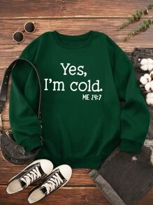 SHEIN LUNE Plus Slogan Graphic Thermal Lined Sweatshirt - Dark Green - View 1
