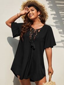 Swim Lushoire 大碼拼接水溶蕾絲蝴蝶袖流蘇前繫帶罩衫洋裝