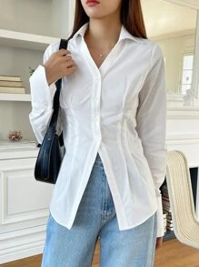 DAZY Solid Button Front Drop Shoulder Shirt Long Sleeve Top - White - View 6