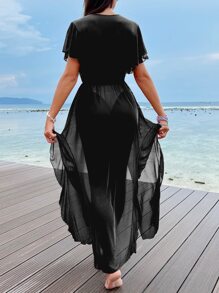 Ruffle Trim Tie Front Kimono - Black - View 2