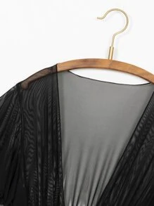 Ruffle Trim Tie Front Kimono - Black - View 7