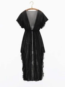 Ruffle Trim Tie Front Kimono - Black - View 8
