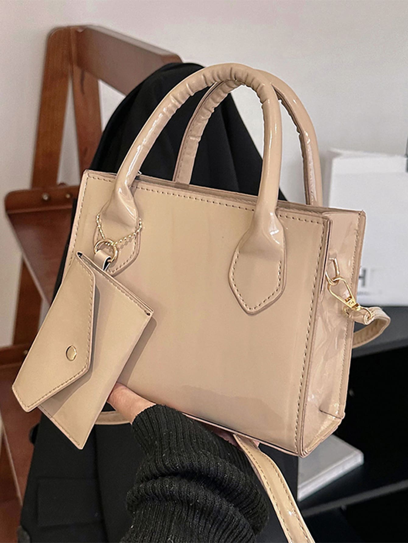 Bolsa cuadrada minimalista con monedero - Caqui - Ver 1