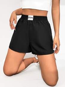 SHEIN EZwear Quần đùi nữ Đắp vá Lá thư Giải trí - màu đen - Xem 3