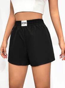 SHEIN EZwear Quần đùi nữ Đắp vá Lá thư Giải trí - màu đen - Xem 4