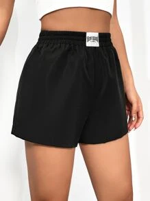 SHEIN EZwear Quần đùi nữ Đắp vá Lá thư Giải trí - màu đen - Xem 5