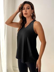 Easithlete Solid Split Back Sports Tank Top - Black - View 4