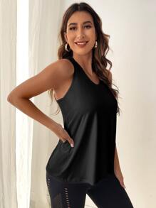 Easithlete Solid Split Back Sports Tank Top - Black - View 5