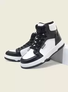 女士户外撞色平底运动鞋，高帮复古风休闲鞋，百搭各种服饰，提升时尚休闲造型 - 黑與白 - 查看 1