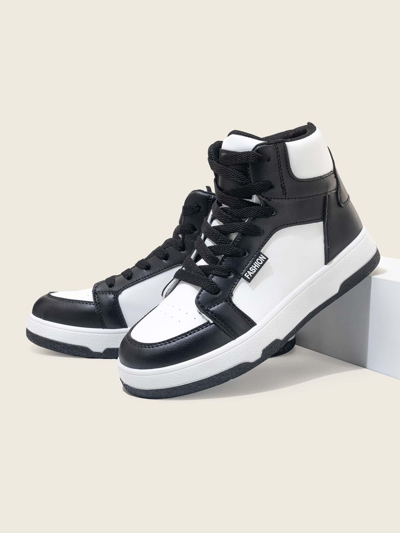 女士户外撞色平底运动鞋，高帮复古风休闲鞋，百搭各种服饰，提升时尚休闲造型 - 黑與白 - 查看 1