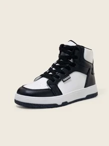 女士户外撞色平底运动鞋，高帮复古风休闲鞋，百搭各种服饰，提升时尚休闲造型 - 黑與白 - 查看 2