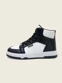 女士户外撞色平底运动鞋，高帮复古风休闲鞋，百搭各种服饰，提升时尚休闲造型 - 黑與白 - 查看 3