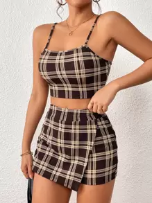 SHEIN PETITE 格紋印花吊帶上衣和裹身半身裙