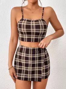 SHEIN PETITE 格紋印花吊帶上衣和裹身半身裙