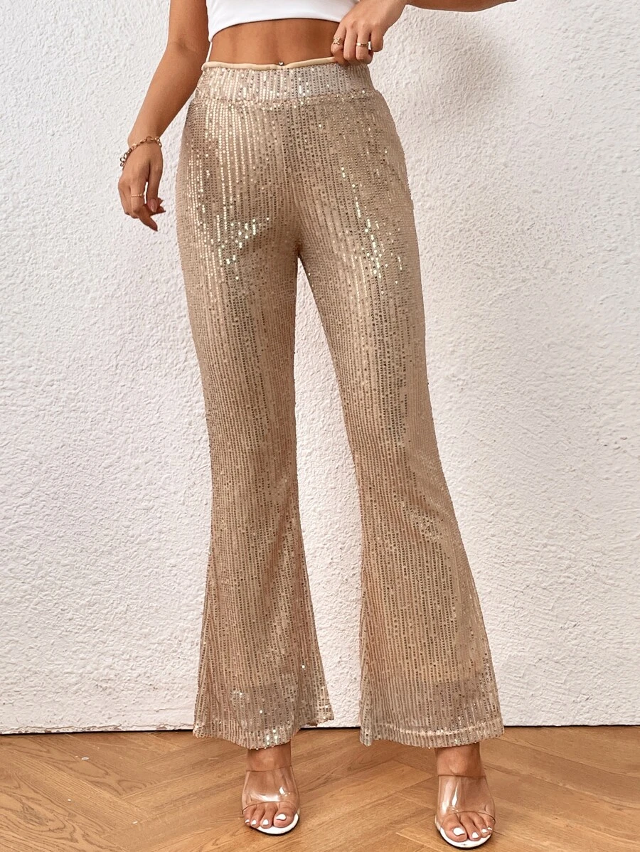 SHEIN PETITE High Waist Sequin Flare Leg Trousers - Champagne - View 1