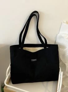 Bolso de hombro grande de unicolor con parche de letras para negocios/traslado/trabajo/escuela, vuelta al cole, gran capacidad, informal clásico, plegable, portátil, adecuado para adolescentes, mujeres y estudiantes universitarios, perfecto para volver al colegio, compras, escuela secundaria y universidad - Negro - Ver 2