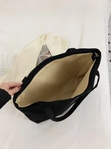 Bolso de hombro grande de unicolor con parche de letras para negocios/traslado/trabajo/escuela, vuelta al cole, gran capacidad, informal clásico, plegable, portátil, adecuado para adolescentes, mujeres y estudiantes universitarios, perfecto para volver al colegio, compras, escuela secundaria y universidad - Negro - Ver 5