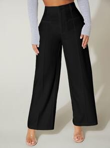 SHEIN PETITE Pantalones negros de pierna ancha con costura frontal - Negro - Ver 4