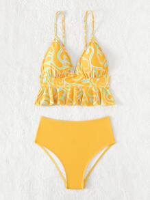 图案印花荷叶边下摆比基尼套装 夏日海滩 - 彩色 - 查看 3