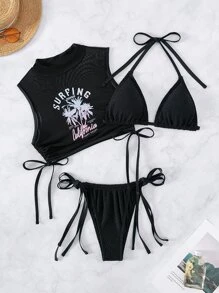 Conjunto de bikini de verano con estampado tropical, panty triangular de cordón y cubierta - Negro - Ver 3