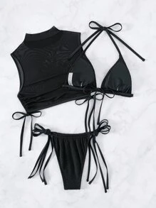 Conjunto de bikini de verano con estampado tropical, panty triangular de cordón y cubierta - Negro - Ver 6