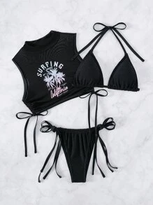 Conjunto de bikini de verano con estampado tropical, panty triangular de cordón y cubierta - Negro - Ver 5