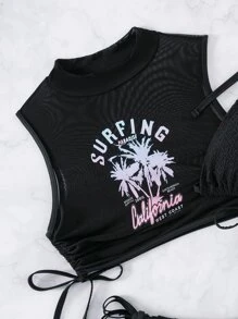 Conjunto de bikini de verano con estampado tropical, panty triangular de cordón y cubierta - Negro - Ver 7