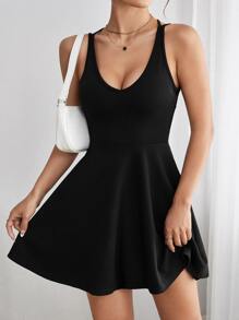 SHEIN PETITE Đầm Lộ Lưng Hội Chữ thập màu trơn Gợi cảm - màu đen - Xem 1