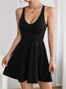 SHEIN PETITE Đầm Lộ Lưng Hội Chữ thập màu trơn Gợi cảm - màu đen - Xem 3