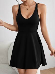 SHEIN PETITE Đầm Lộ Lưng Hội Chữ thập màu trơn Gợi cảm - màu đen - Xem 5