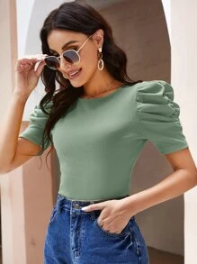 SHEIN Clasi Puff Sleeve Ribbed Knit Tee - Mint Green - View 5
