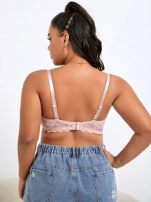 Pink Lace Plus Size Push Up Bra Cute Sweet Bow Detail Medium Stretch - Pink - View 2