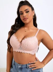 Pink Lace Plus Size Push Up Bra Cute Sweet Bow Detail Medium Stretch - Pink - View 4