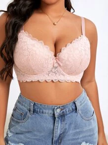 Pink Lace Plus Size Push Up Bra Cute Sweet Bow Detail Medium Stretch - Pink - View 5