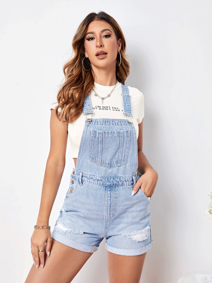 SHEIN Essnce Ripped Roll Up Hem Denim Overall Romper Without Tee - Light Wash - View 1