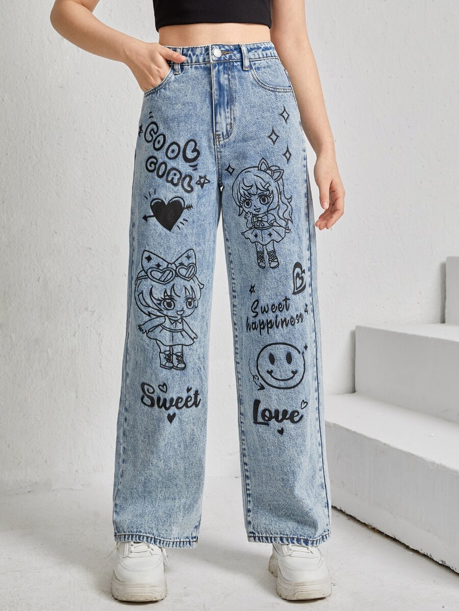 SHEIN 青少年女孩卡通和字母圖案牛仔褲 - 淺色水洗藍 - 查看 1