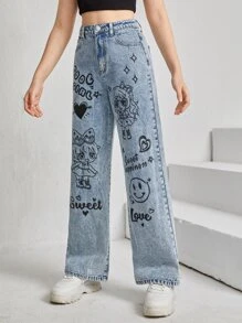 SHEIN 青少年女孩卡通和字母圖案牛仔褲 - 淺色水洗藍 - 查看 4