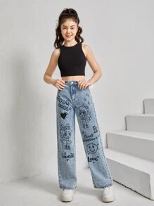 SHEIN 青少年女孩卡通和字母圖案牛仔褲 - 淺色水洗藍 - 查看 5