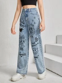 SHEIN 青少年女孩卡通和字母圖案牛仔褲 - 淺色水洗藍 - 查看 6