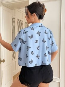 SHEIN EZwear Plus Size Butterfly Print Button Front Shirt For Summer - Multicolor - View 3