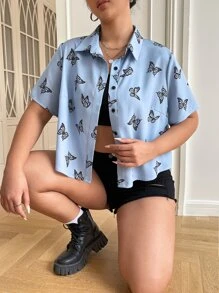 SHEIN EZwear Plus Size Butterfly Print Button Front Shirt For Summer - Multicolor - View 2